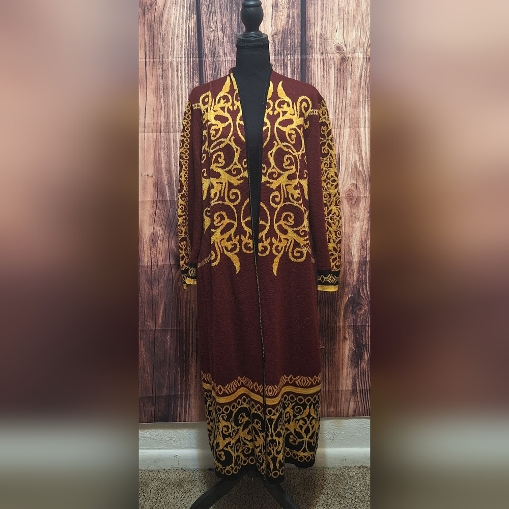 Vertigo Paris Burgundy and Gold Abstract Oversized Cardigan Size Large!